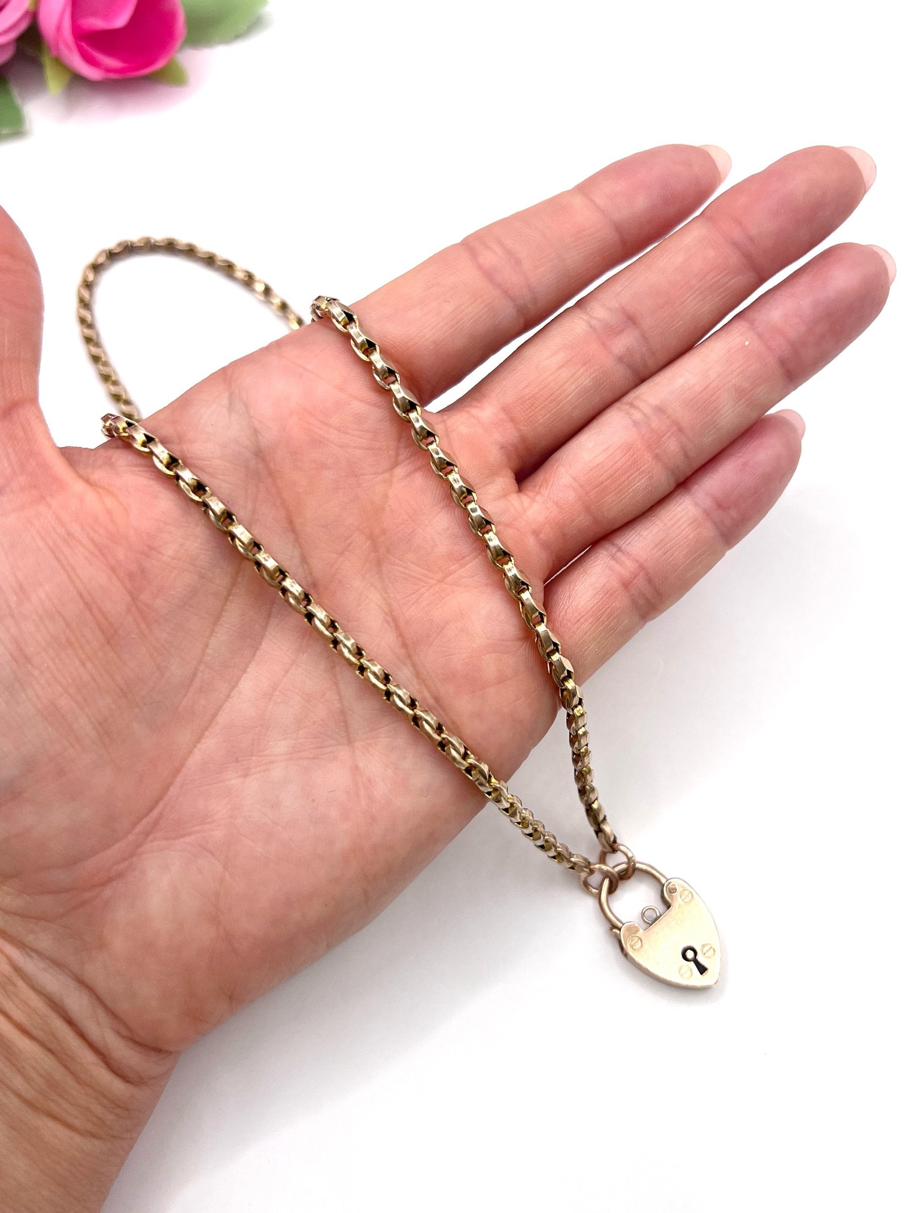 Antique 9 Carat Rose Gold Tulip Link Chain with Edwardian Heart Padlock Clasp