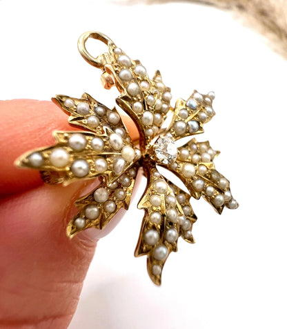 Antique 15 ct Gold, Edwardian Natural Seed Pearl And Diamond Flower Pendant/Brooch