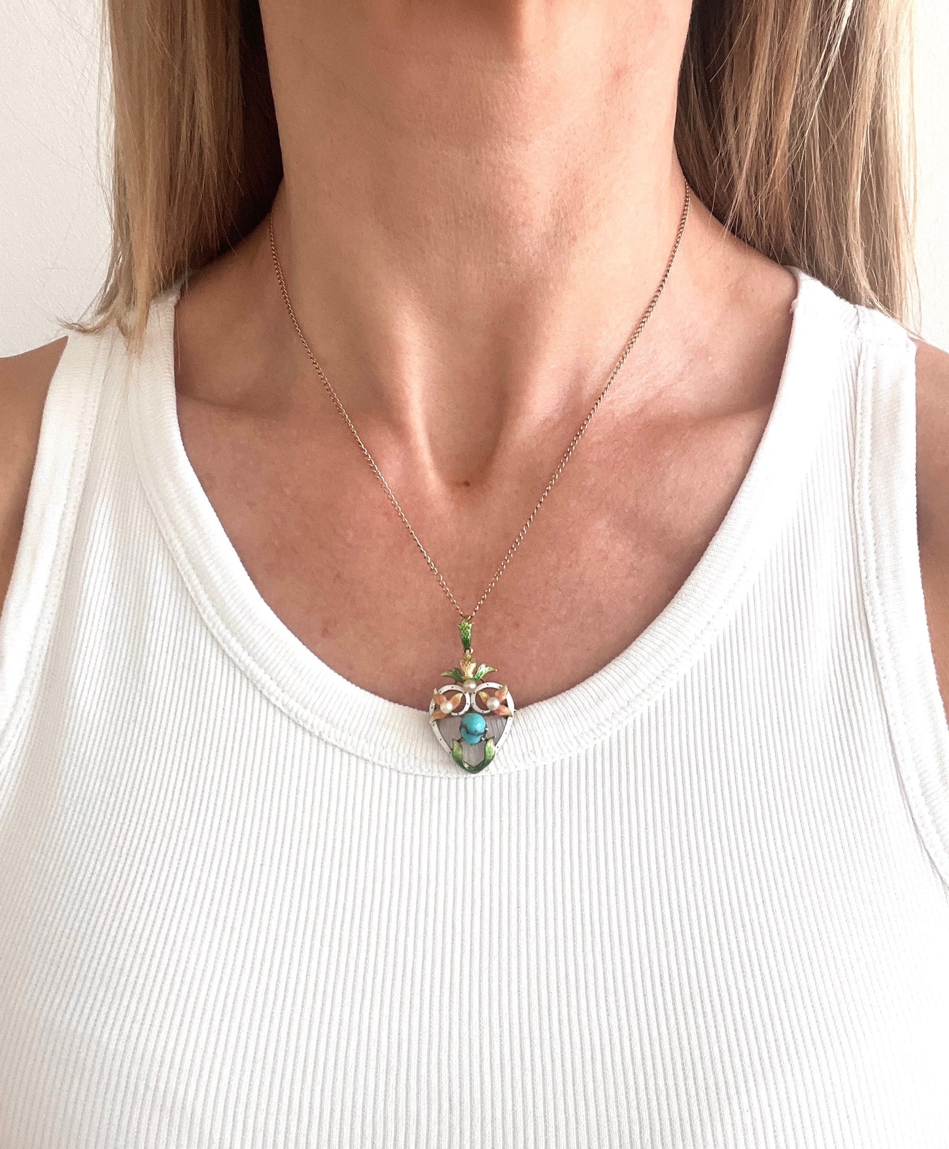Antique 15ct Gold Heart Pendant/Brooch: Victorian Enamel, Turquoise, Seed Pearls