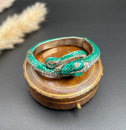 Vintage Green Enamel and 6ct Diamond Snake Bangle Bracelet