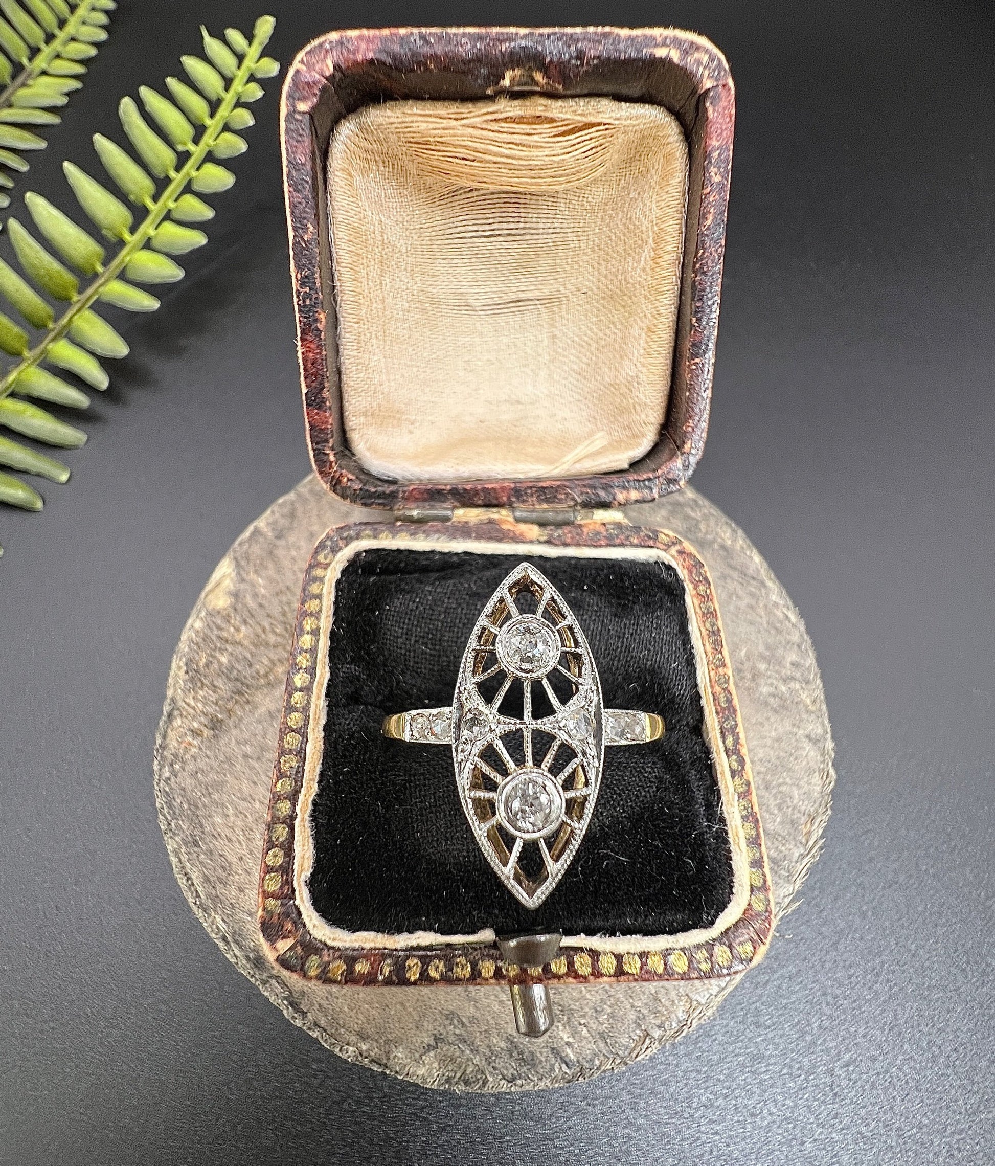 Antique 18 ct Gold And Platinum Open Work Diamond Marquise/Navette Shaped Ring
