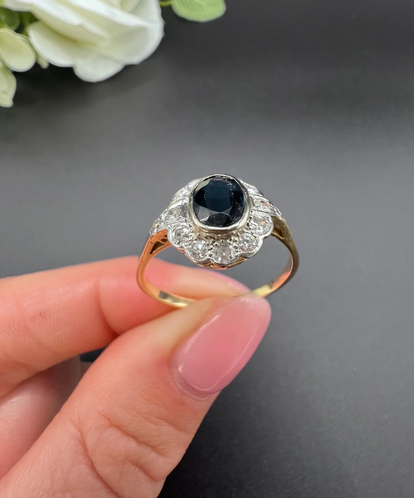Antique 18ct Gold & Platinum, 1920s Sapphire and Diamond Oval Cluster Ring
