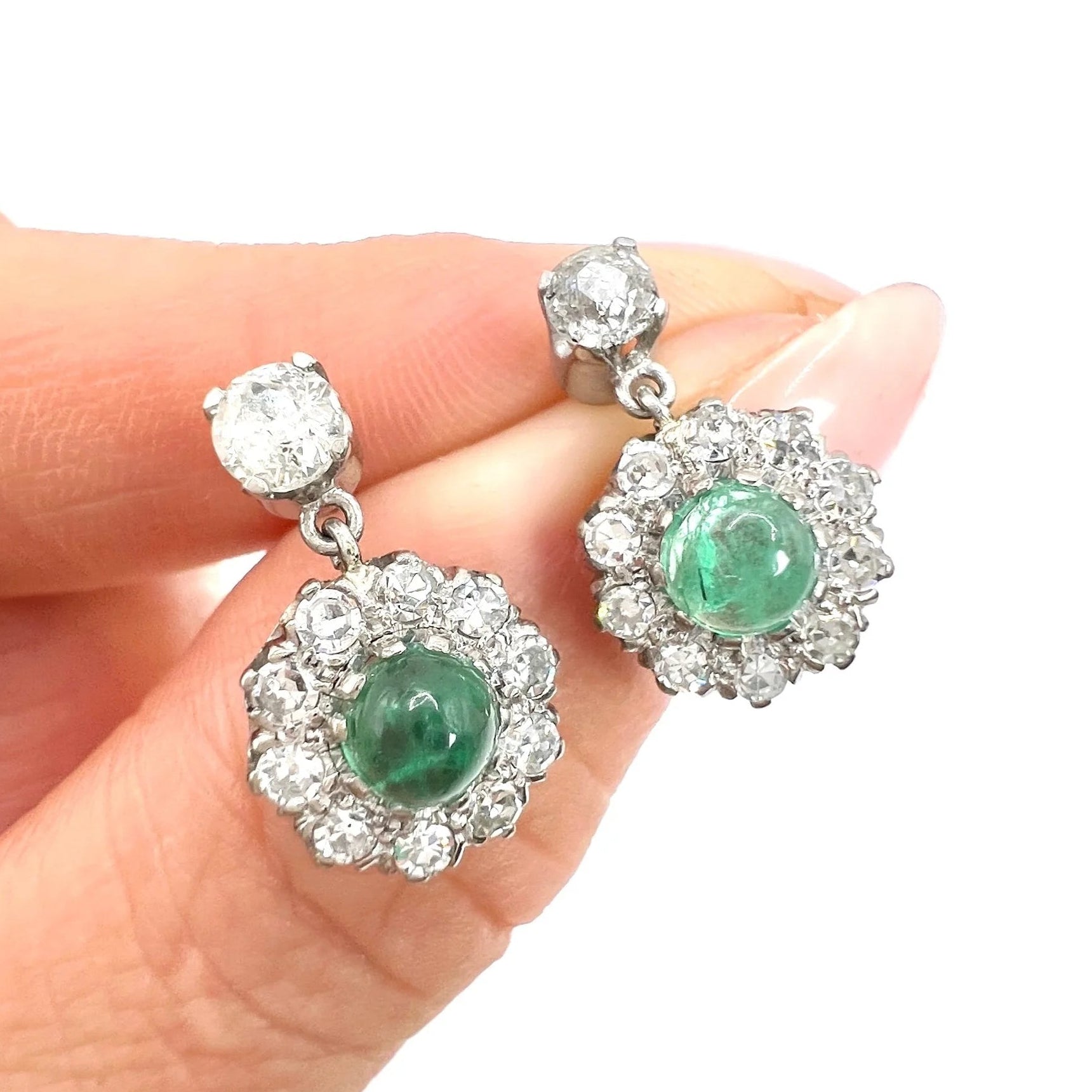 Vintage 1940s Cabochon Emerald and Diamond Daisy Cluster Drop Earrings