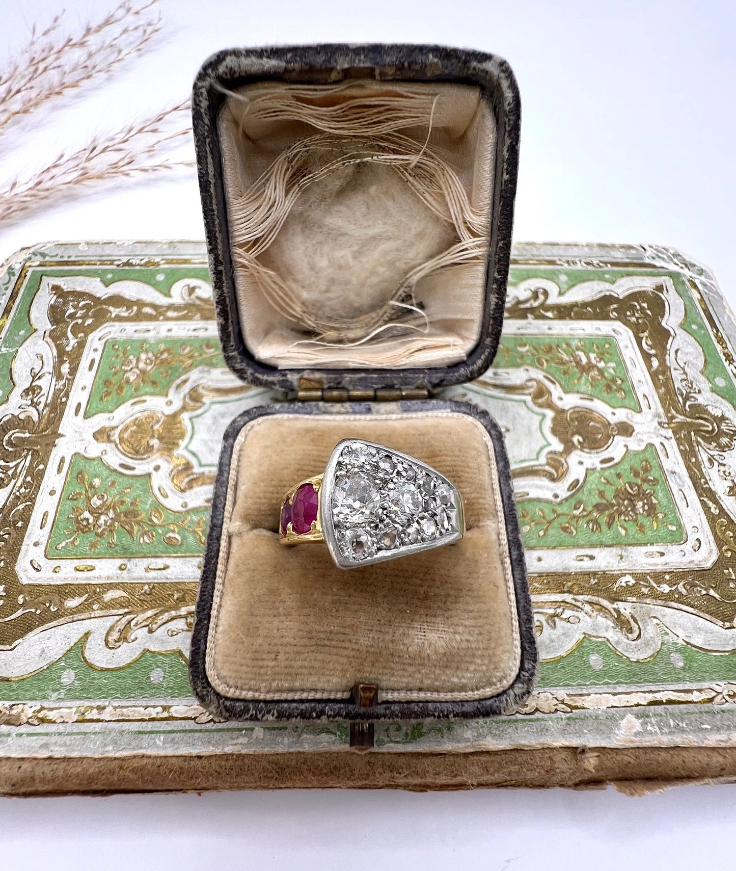 Antique French 18 Carat Gold, Platinum, Ruby and Diamond Buckle Ring