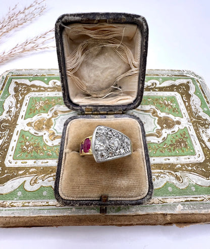 Antique French 18 Carat Gold, Platinum, Ruby and Diamond Buckle Ring