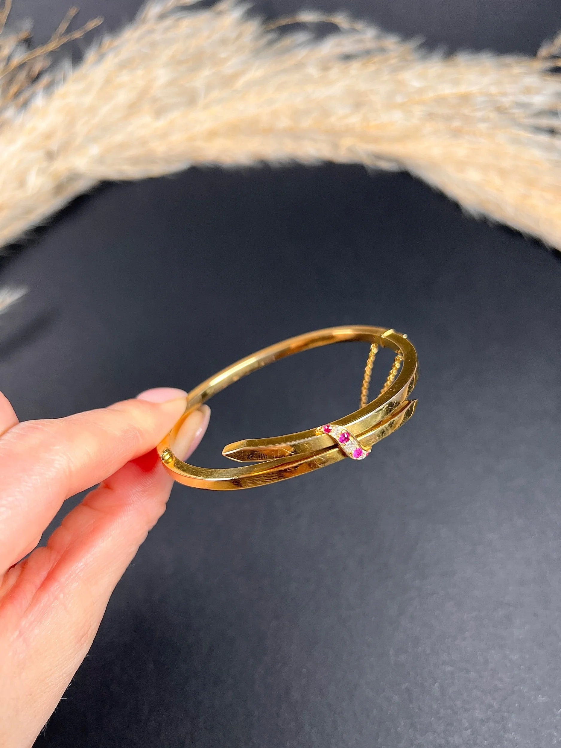 Vintage 15 Carat Yellow Gold, 1930's Ruby And Diamond Crossover Bangle