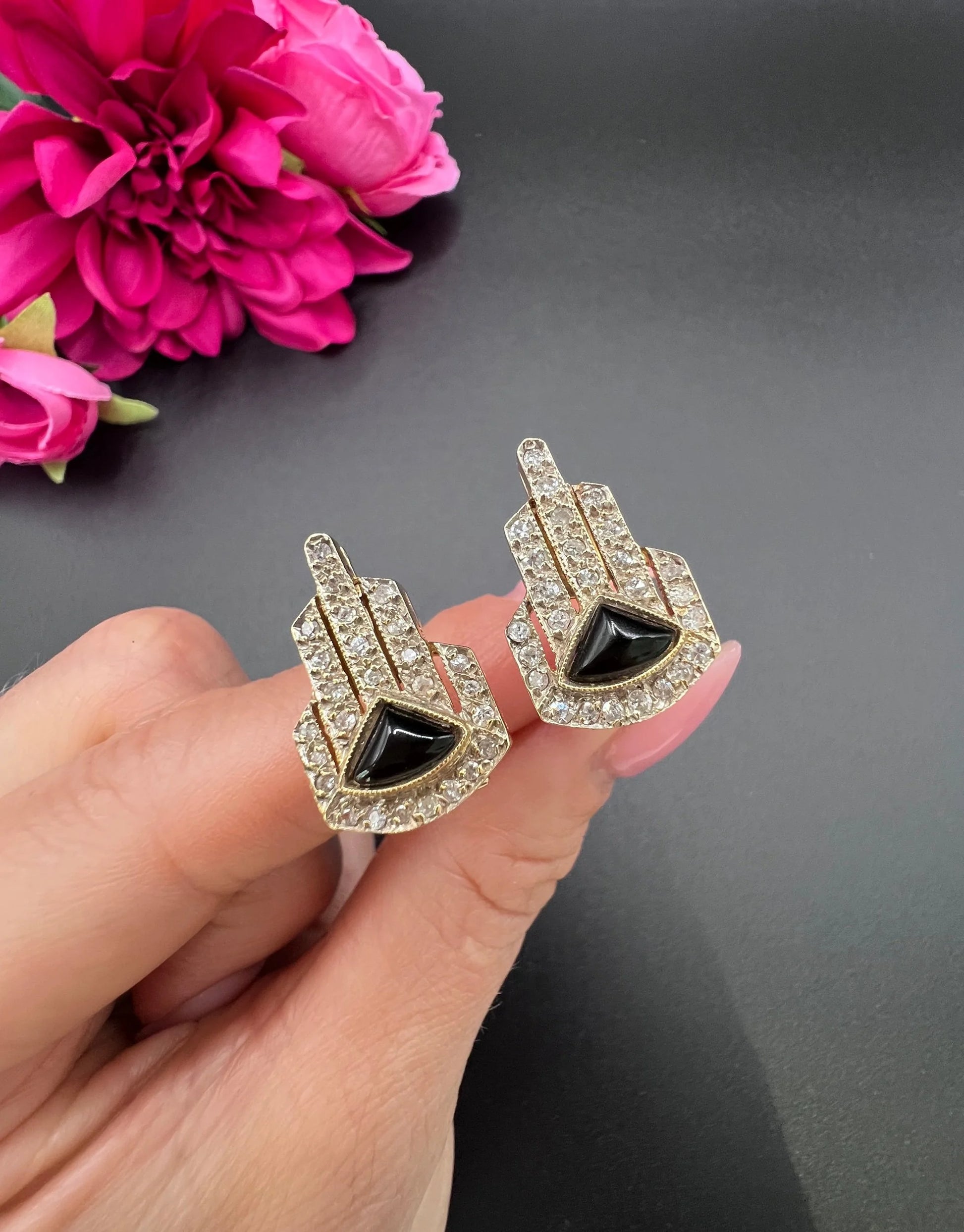 Vintage 14 ct Gold, Italian 1940's Art Deco Design, Diamond And Onyx Earrings