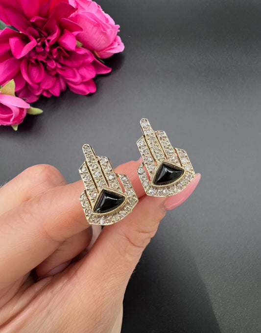 Vintage 14 ct Gold, Italian 1940's Art Deco Design, Diamond And Onyx Earrings