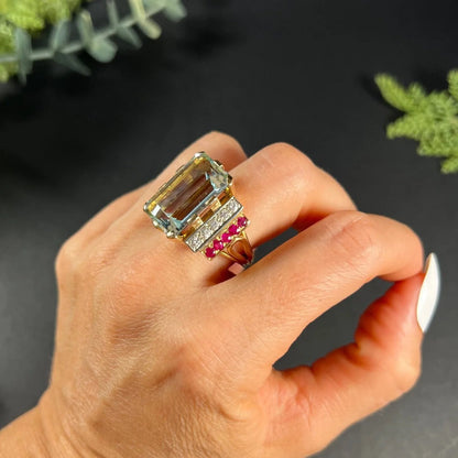 Vintage Retro 17cts Aquamarine Diamond Ruby Cocktail Ring