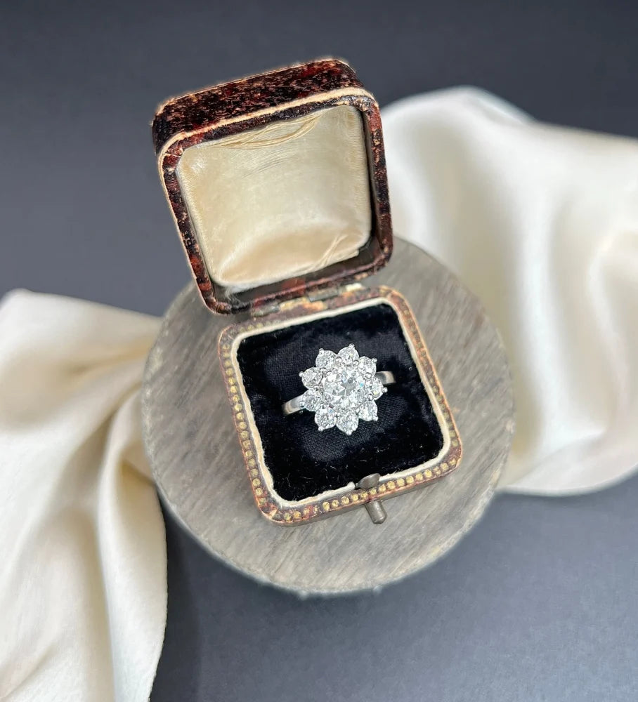 Vintage Diamond Daisy Cluster Engagement Ring in Platinum, 2.20 carats