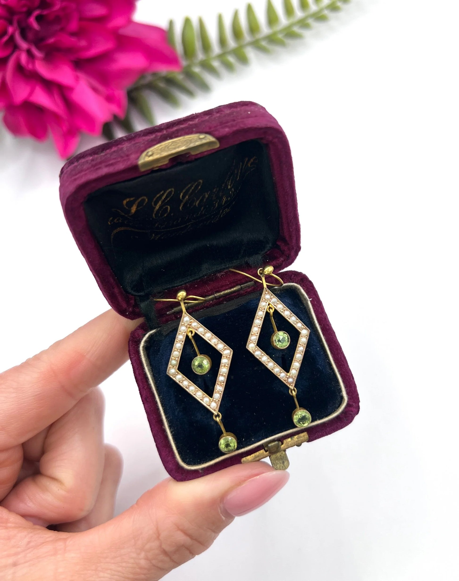 Edwardian 9 Carat Gold Peridot and Seed Pearl Drop Earrings, Circa 1910