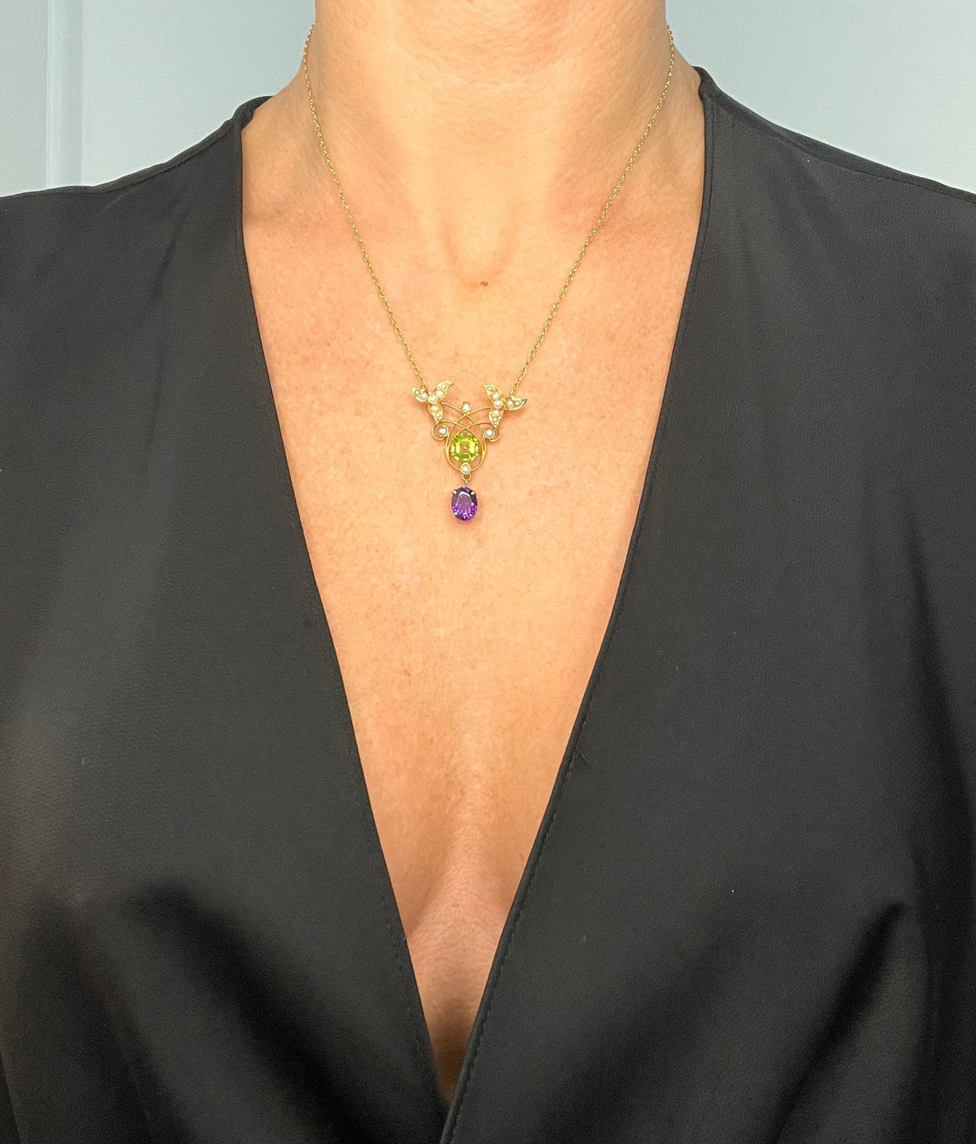 Antique 9 ct Gold Edwardian Suffragette Pendant Necklace With Amethyst, Peridot And Seed Pearls