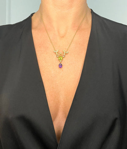 Antique 9 ct Gold Edwardian Suffragette Pendant Necklace With Amethyst, Peridot And Seed Pearls