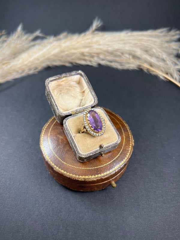 Vintage 9ct Gold, Hallmarked London 1966, Large Faceted Amethyst & Seed Pearl Cocktail Ring