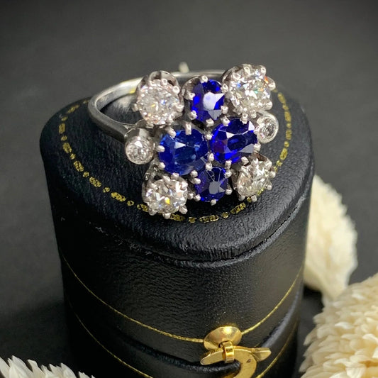 Vintage 1940s Sapphire and Diamond Cluster Ring