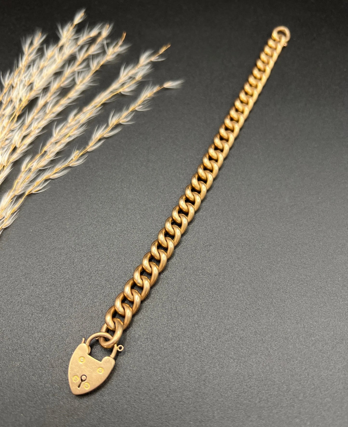 Victorian 15 Carat Rose Gold Curb Link Bracelet with Heart Padlock Clasp, Circa 1880