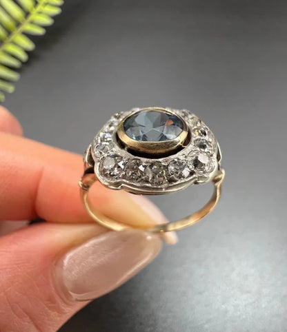 Antique Aquamarine And Diamond Cluster Ring In 18 Carat Yellow Gold And Platinum