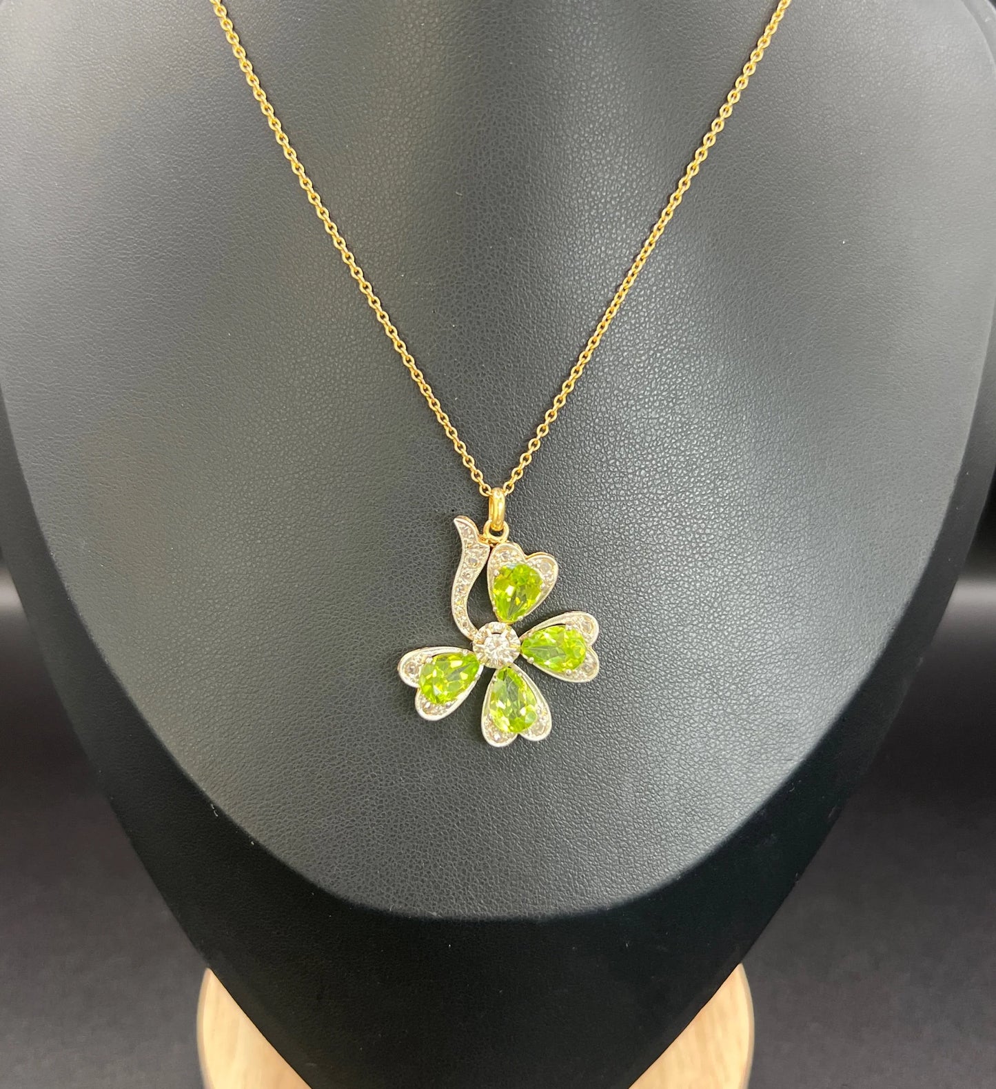 Edwardian Antique Peridot and Diamond Four Leaf Clover Pendant