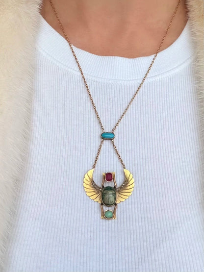 Egyptian Revival Scarab Necklace, 18 Carat Gold, Early 20th Century