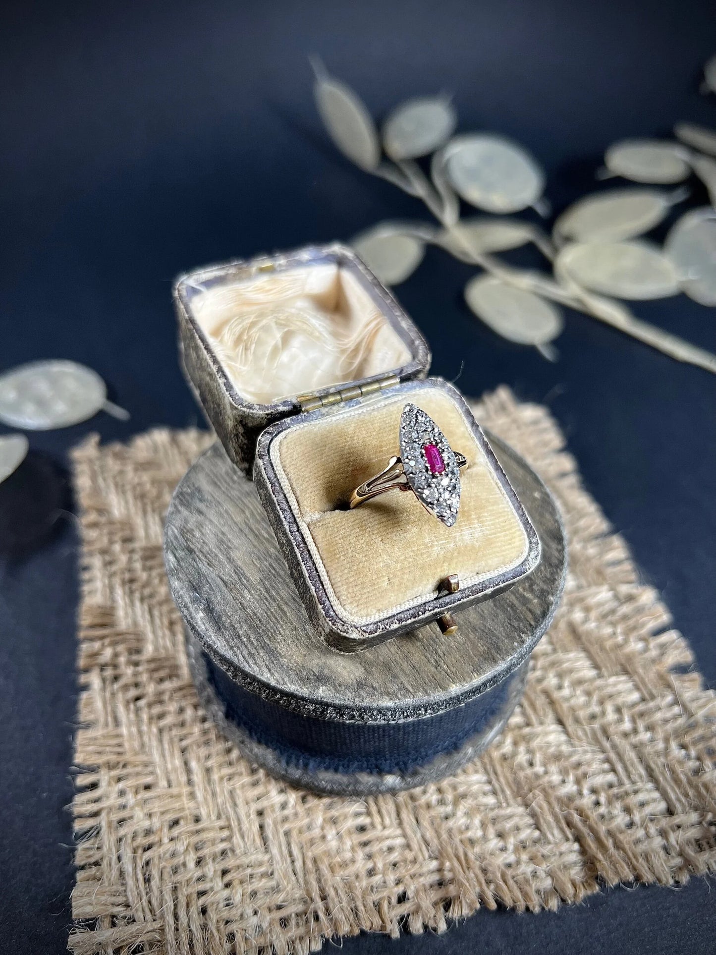 Antique Victorian 18 ct Gold Ruby And Diamond Marquise Ring