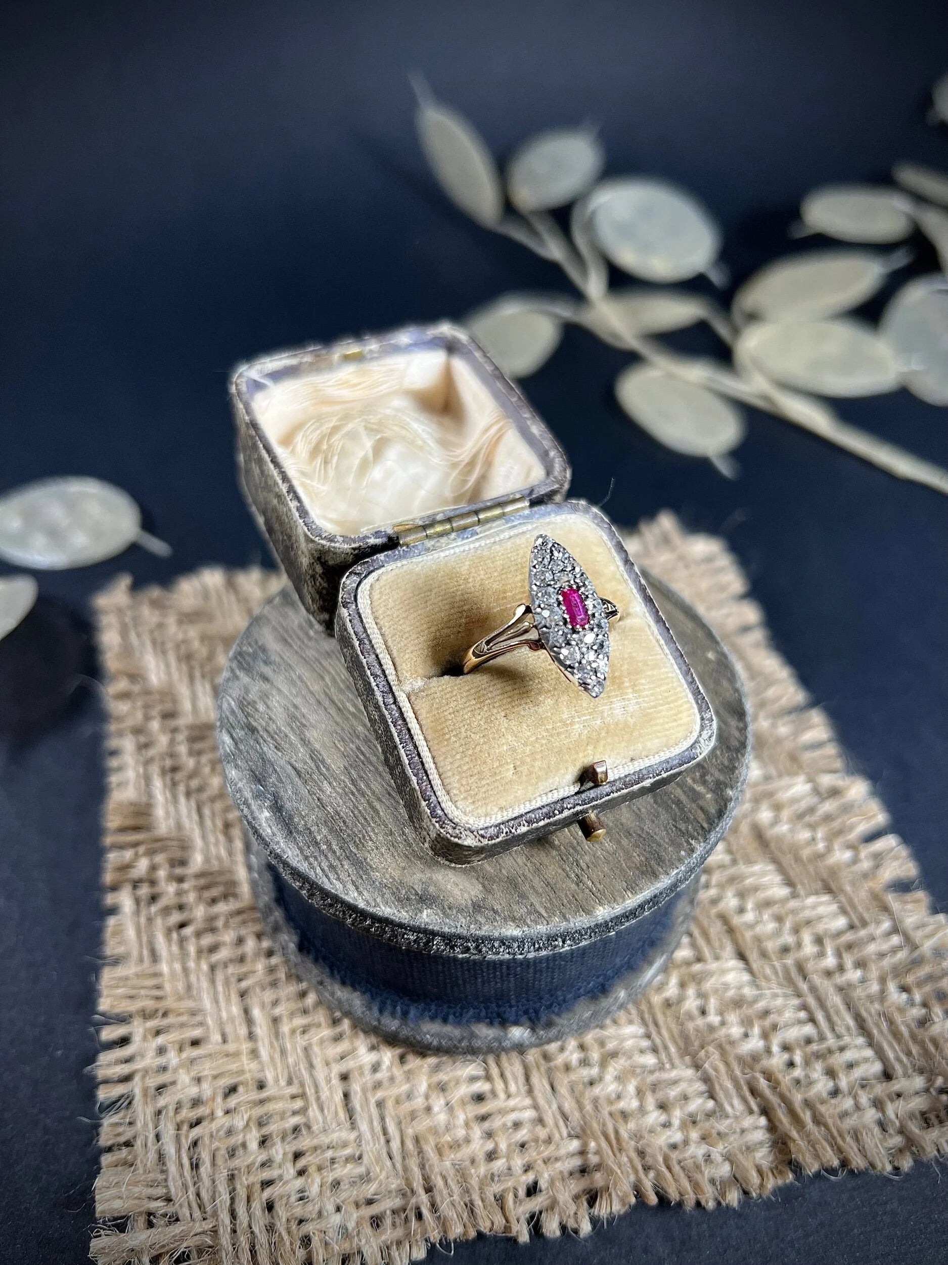 Antique Victorian 18 ct Gold Ruby And Diamond Marquise Ring