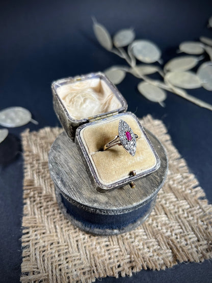 Antique Victorian 18 ct Gold Ruby And Diamond Marquise Ring