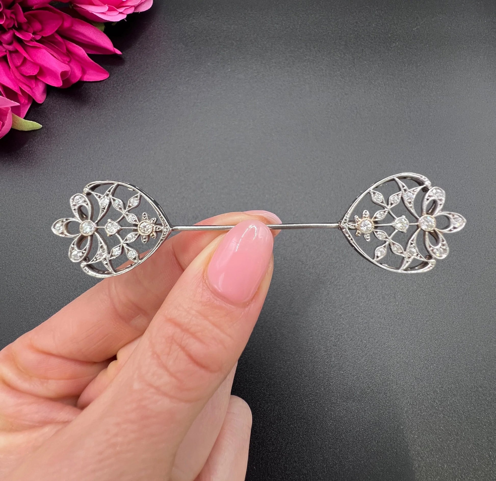 Antique 18ct White Gold, Edwardian Diamond Jabot Pin