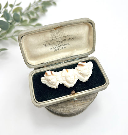 Early Victorian Angel Skin Coral Cherub Trio Shell Cameo Brooch, Circa 1850