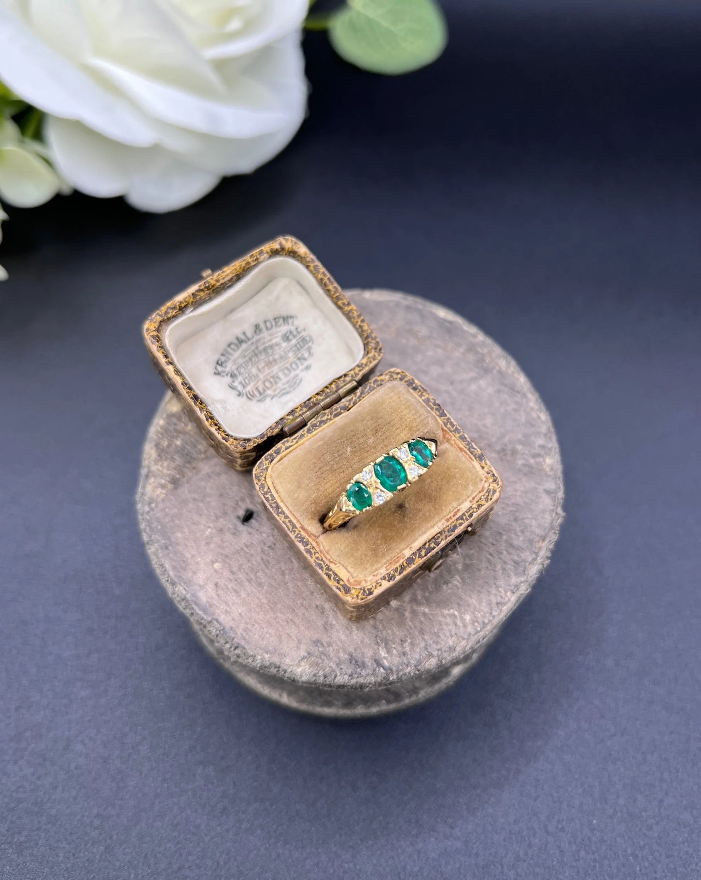 Vintage 18ct Yellow Gold, 1960s Victorian Style Emerald and Diamond Carved Ring
