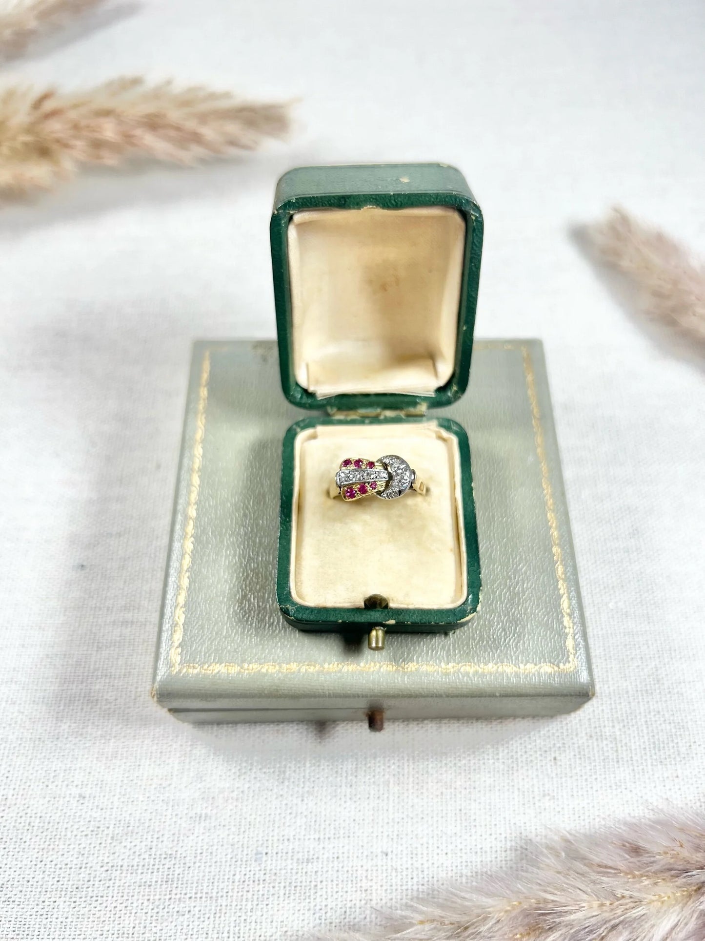 Vintage 1940s, 18ct Yellow & White Gold Ruby Diamond Set Buckle/Belt Cocktail Ring