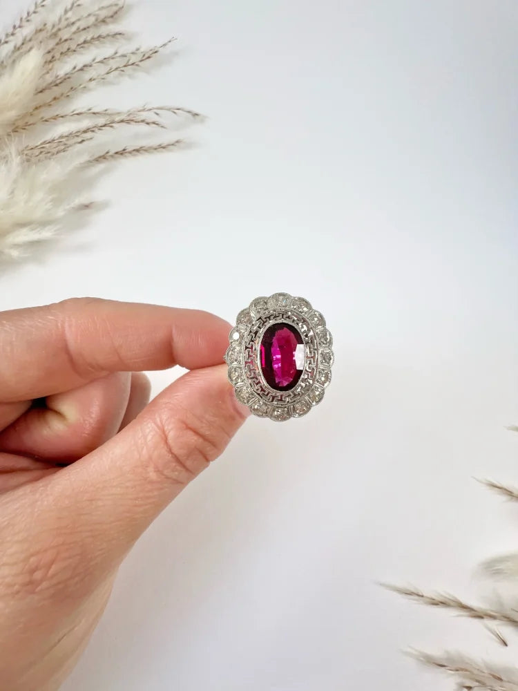 Antique Platinum Tourmaline And Diamond Cluster Ring