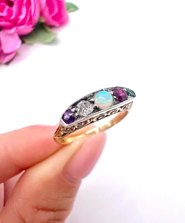 Antique 18 Carat Gold ADORE Amethyst, Diamond, Opal, Ruby and Emerald Acrostic Ring
