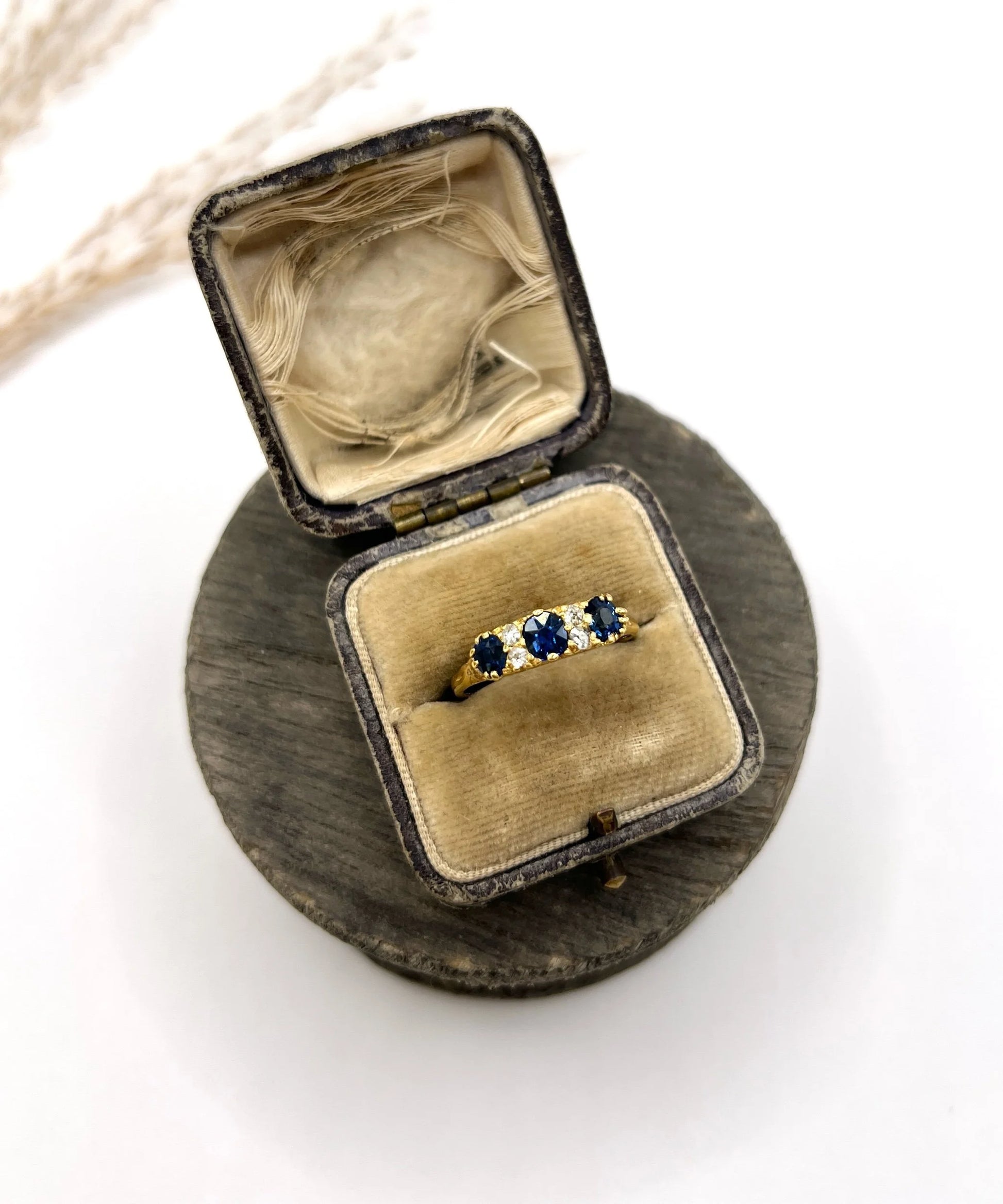 Antique 18 Carat Yellow Gold, Victorian Sapphire And Diamond Carved Seven Stone Ring