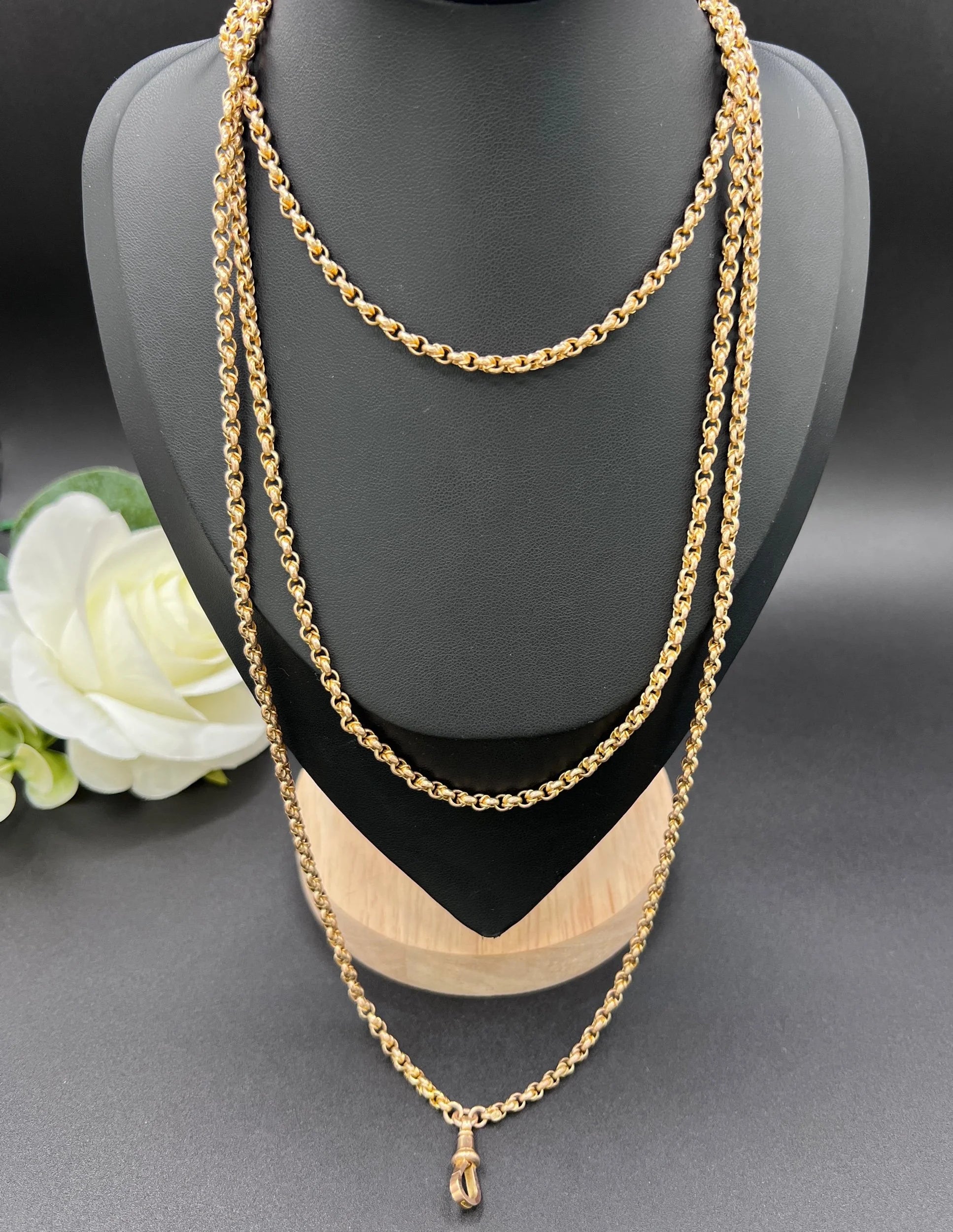 Antique 9 ct Gold Belcher Chain: Edwardian Fancy Belcher Link Long Guard Necklace