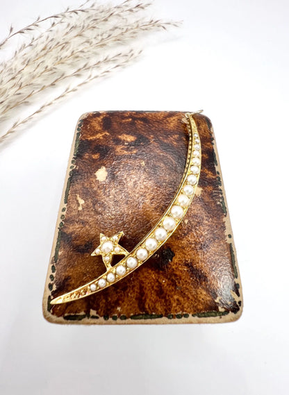 Antique 15ct Gold, Edwardian Pearl Crescent Moon & Star Pendant, Celestial Jewellery