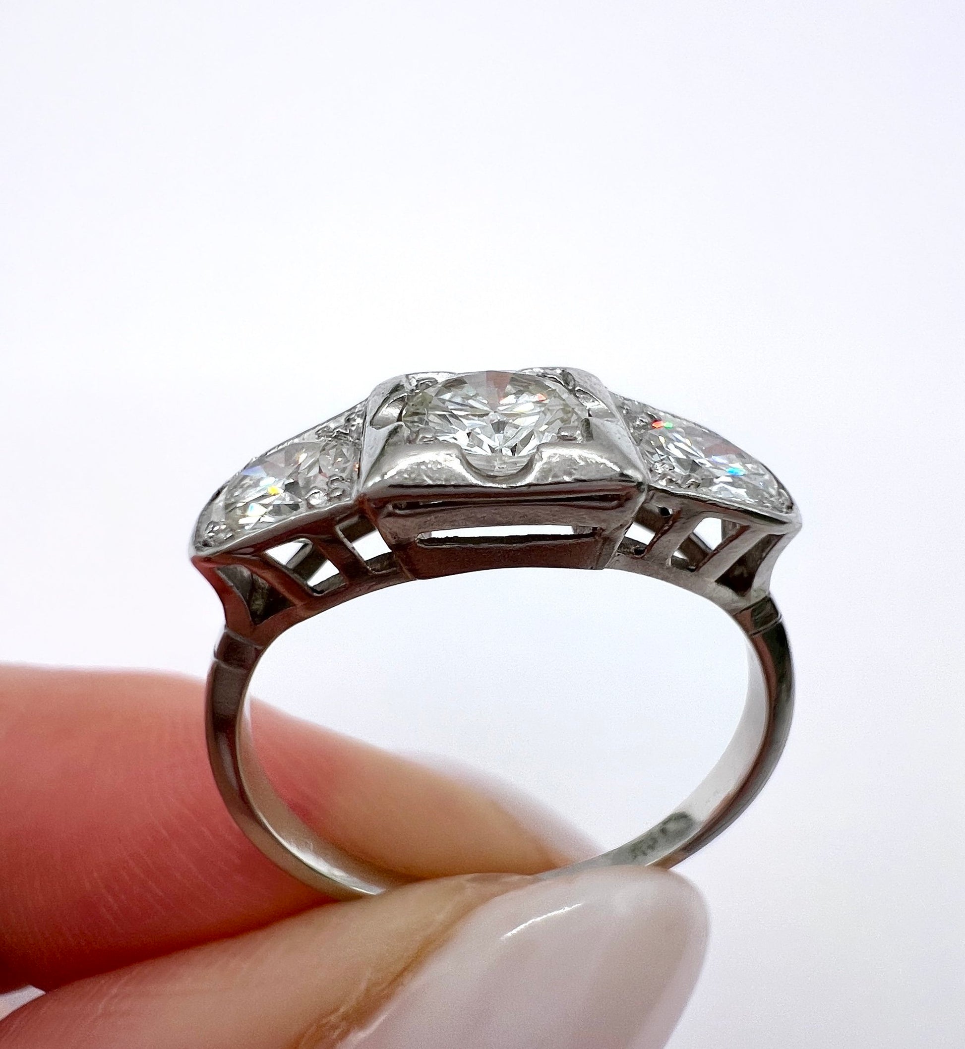 Antique Art Deco Platinum Three Stone Diamond Ring, 1.20 Carats, Circa 1920