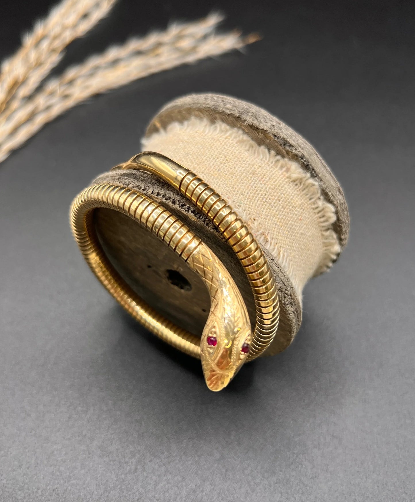 Vintage 9 Carat Yellow Gold Ruby Snake Adjustable Bracelet, Circa 1970