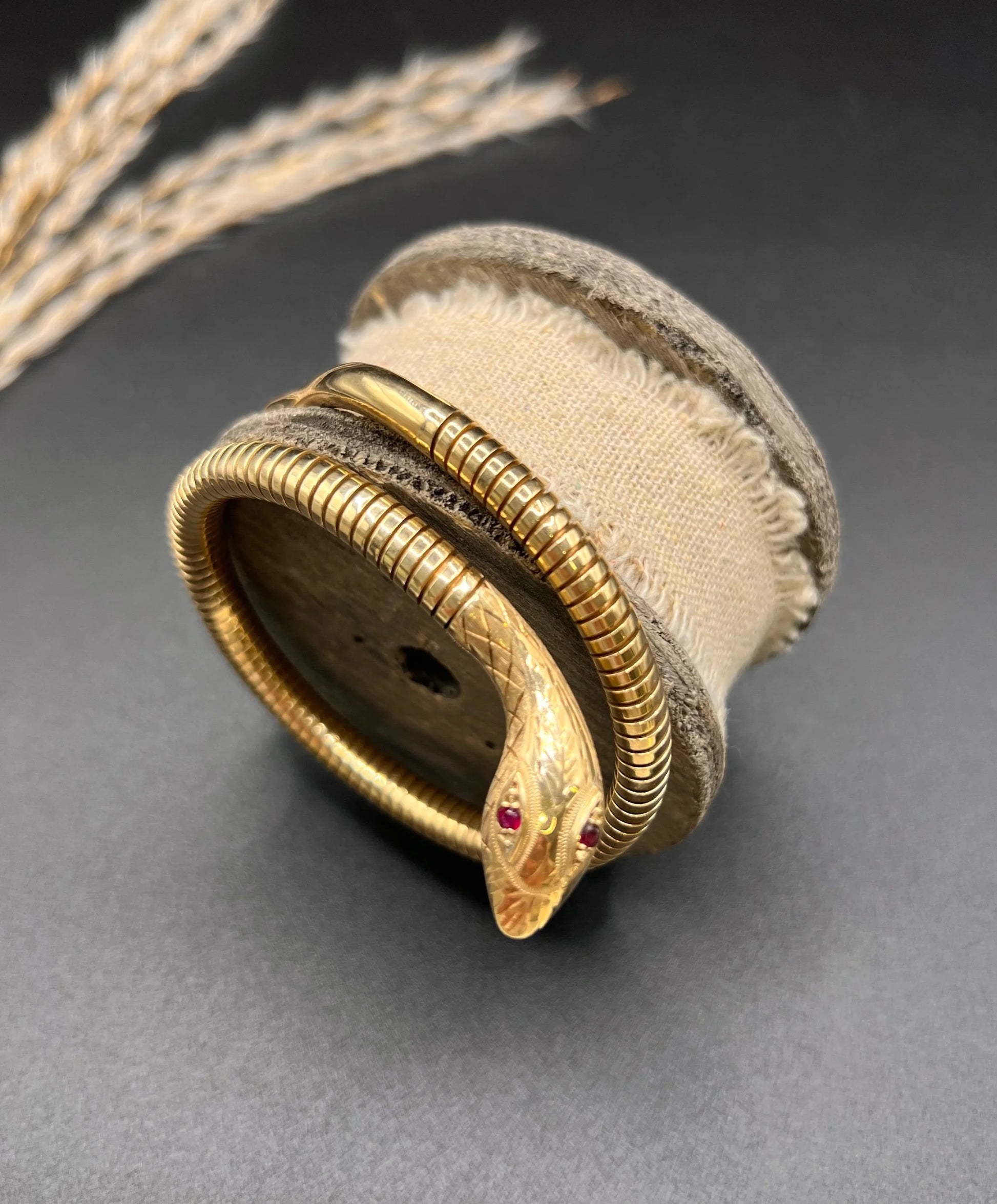 Vintage 9 Carat Yellow Gold Ruby Snake Adjustable Bracelet, Circa 1970