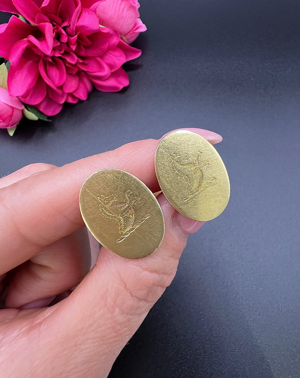 Antique 18 ct Yellow Gold Cufflinks: Heraldic Seahorse Crest, London 1924