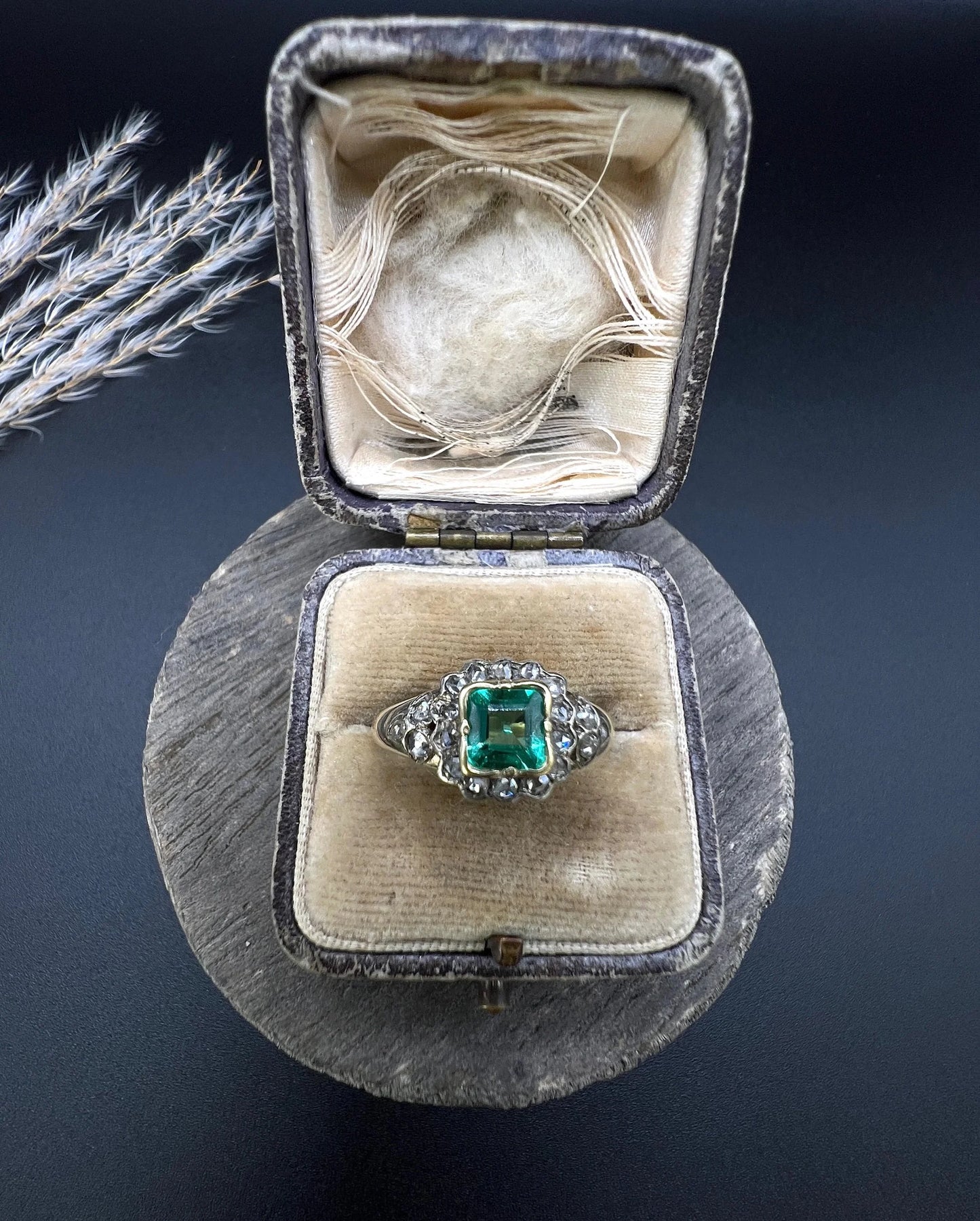Victorian 18 Carat Yellow Gold Emerald and Diamond Square Cluster Ring, Circa 1860