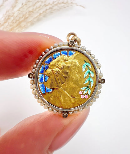 Antique 18 Carat Yellow Gold Plique a Jour and Seed Pearl Lady Portrait Pendant