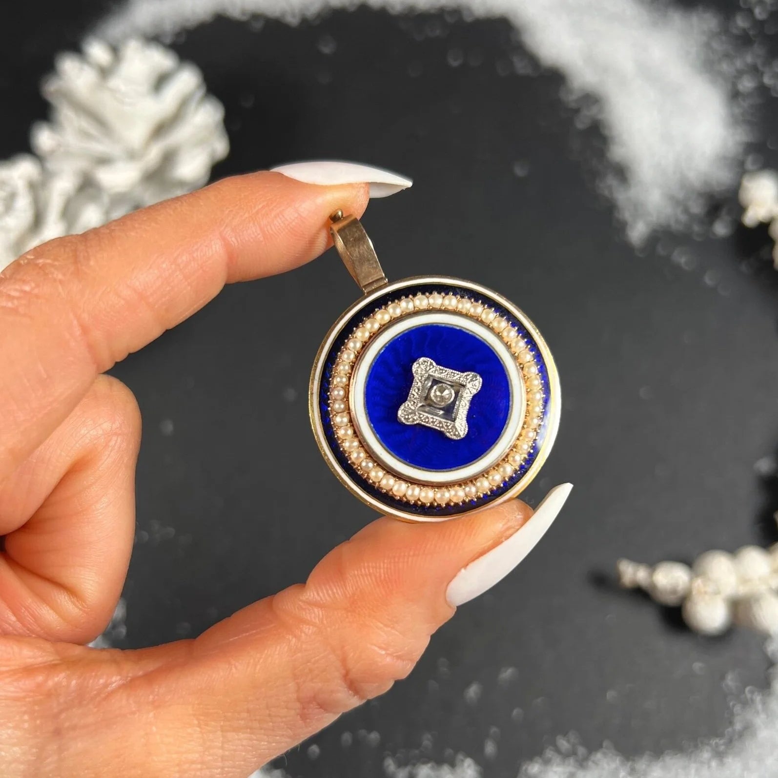 Antique 15 Carat Gold Guilloche Enamel, Diamond, Pearl and Rock Crystal Locket Pendant