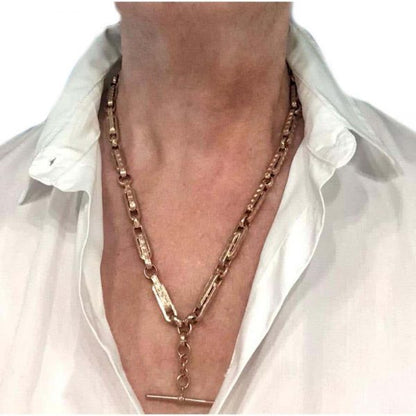 Heavy Vintage Rose Gold Fancy Link Albert Watch Chain with T-Bar