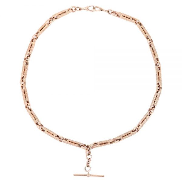 Heavy Vintage Rose Gold Fancy Link Albert Watch Chain with T-Bar