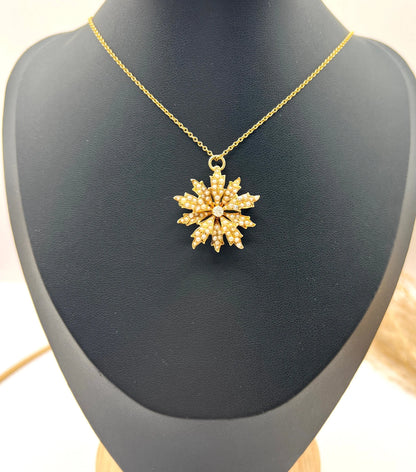Antique 15 ct Gold, Edwardian Natural Seed Pearl And Diamond Flower Pendant/Brooch