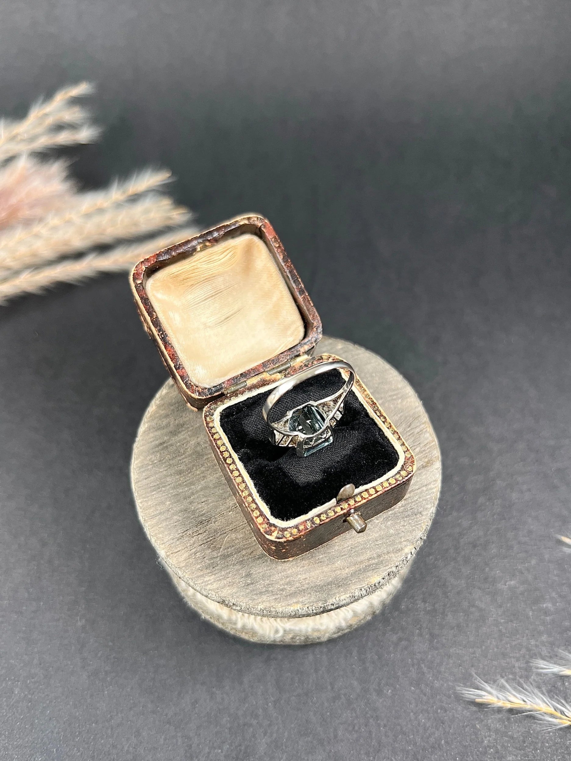 Art Deco 14 Carat White Gold Emerald Cut Aquamarine and Diamond Ring, Circa 1920