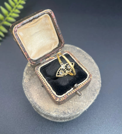 Antique 18 ct Gold And Platinum Open Work Diamond Marquise/Navette Shaped Ring