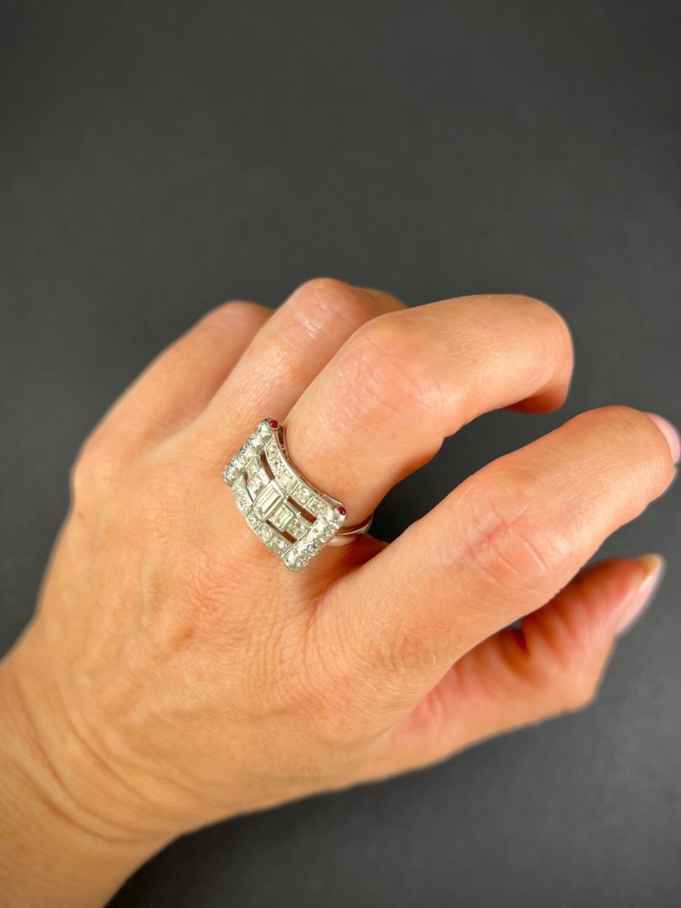 Vintage Diamond And Ruby Buckle Style Cocktail Ring In Platinum