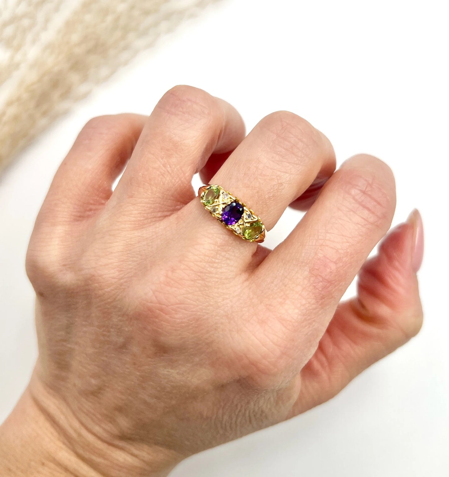 Antique 18 ct Yellow Gold, Amethyst, Diamond And Peridot Suffragette Ring