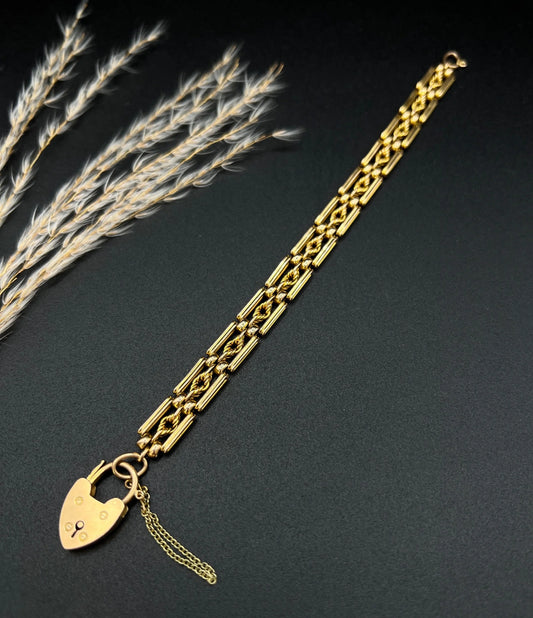Edwardian Antique 15ct Gold Gate Bracelet with Lovers Knot Heart Padlock